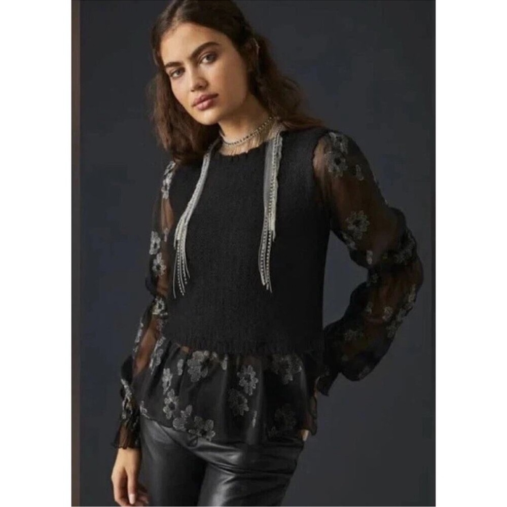 Anthropologie Black Knit Top with Sheer Floral Sleeves